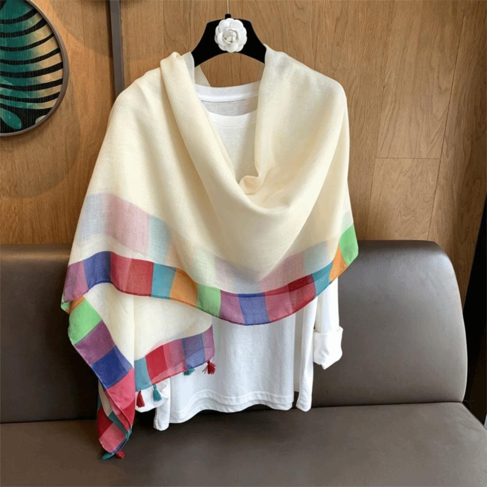 Soft Draped Gauze Shawl Rainbow Border Beach Scarf New Tassel Shawl Women Fashion