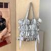 Korean Style Unique Pleated Shoulder Bag with Elegant Bows Nylon Handbag for Fashionable Women and Office Ladies  Silver