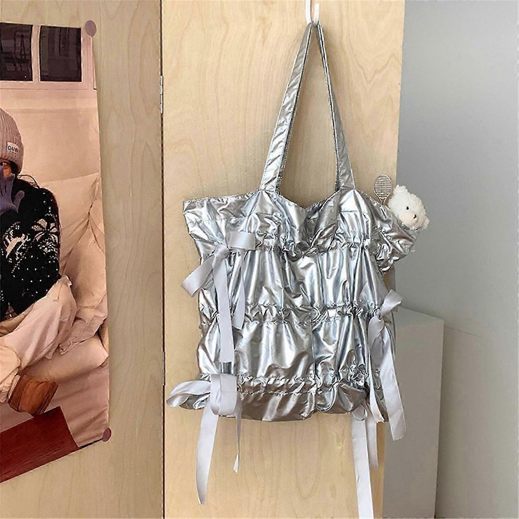 Korean Style Unique Pleated Shoulder Bag with Elegant Bows Nylon Handbag for Fashionable Women and Office Ladies  Silver