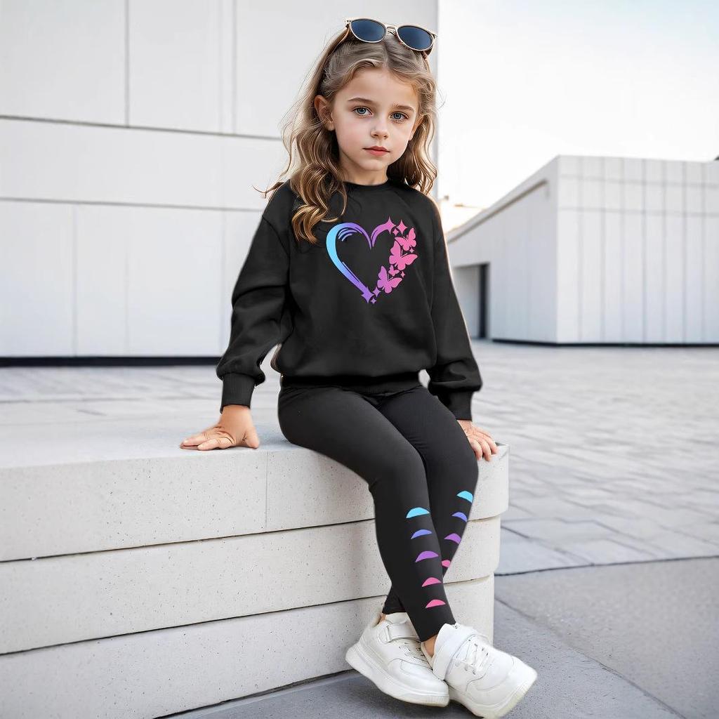 Girls Fashion Suit Summer Children Leisure Love Butterfly Printed Long Sleeve Hoodie Leggings Outdoor Sports Suit
