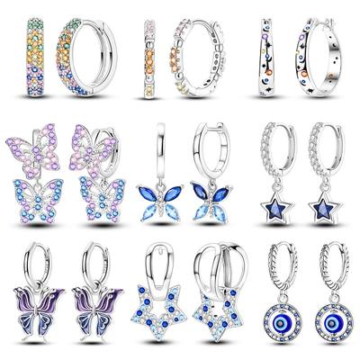100% 925 Sterling Silver Earrings for Women Colorful Zircon Star Butterfly Devil's Eye Pendants Earrings Elegant Party Jewelry