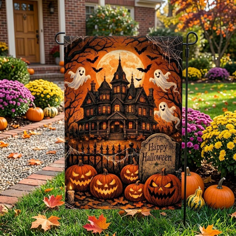 2D Flat Print Halloween Garden Flag Spooky Single Sided Witch Ghost Yard Flag Haunted House Polyester Pumpkin Black Cat Cloth