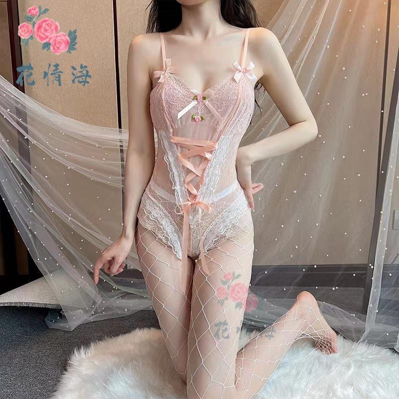 Erotic Lingerie Sexy Lace Seduction Lace Luscious Onesie Concealed Button Open Crotch Suspenders