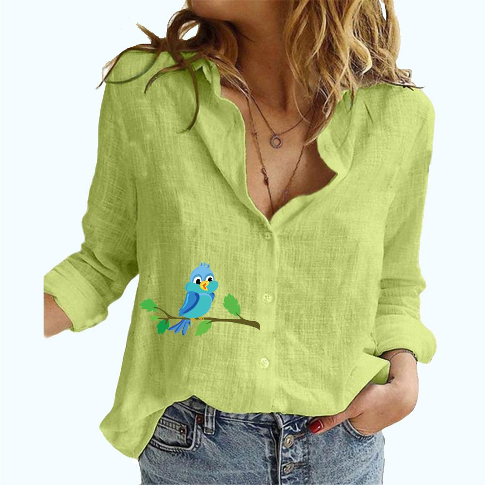 Women Fashion Print Shirt Female Casual Cotton Linen Long Sleeve Top Plus Size Loose Button-down Blouses