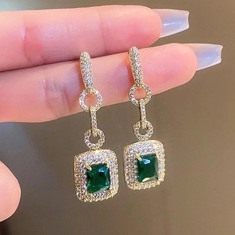 Modische Bankett Elegante Smaragd Zirkonia Ohrringe, Hochwertig Eingelegte Hochzeitsstil Schwingende Zirkon Accessoires