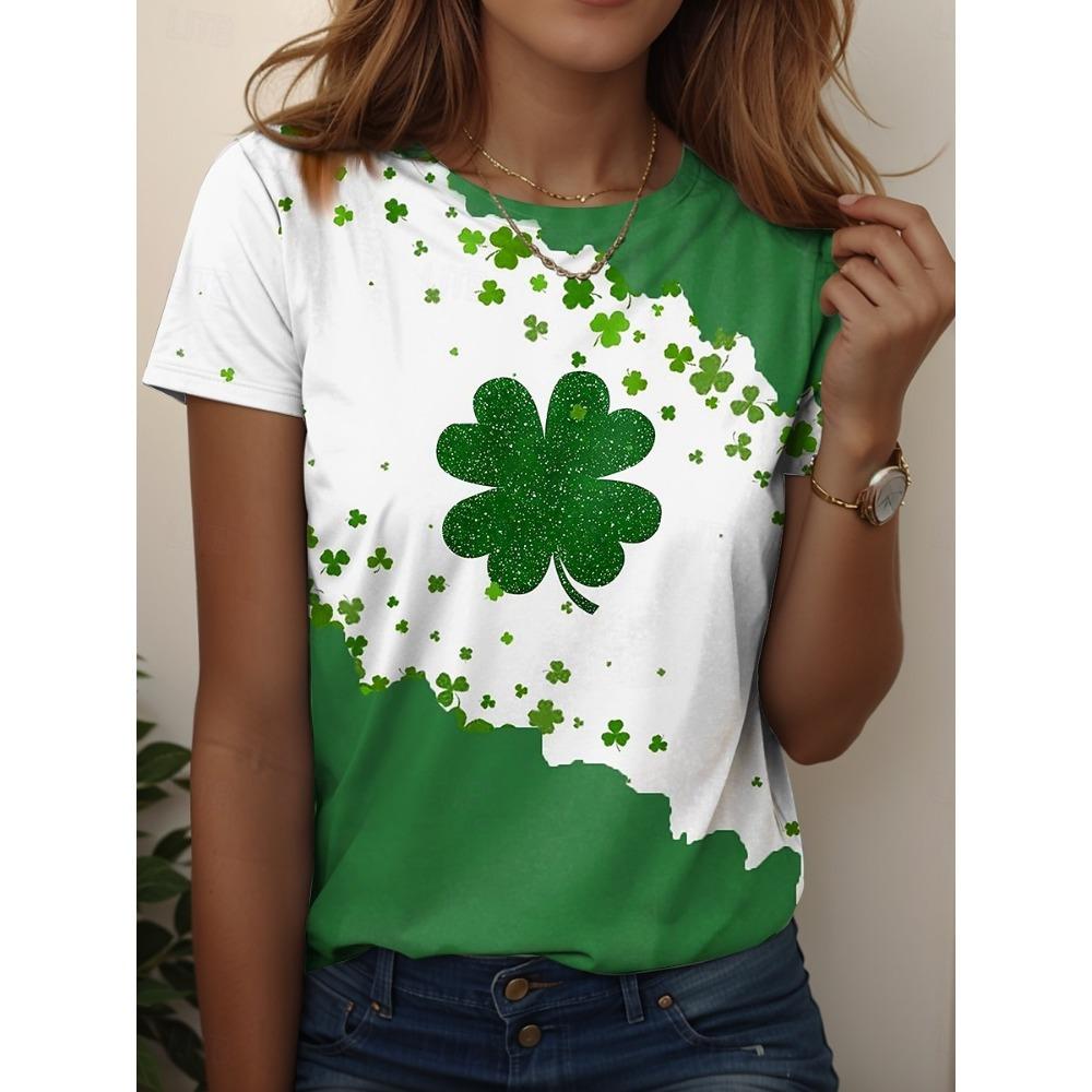 Women's T-shirt Green Lucky Clover 3D Print Crew Neck Outdoor Festival Short Sleeve T Shirts Women  ...