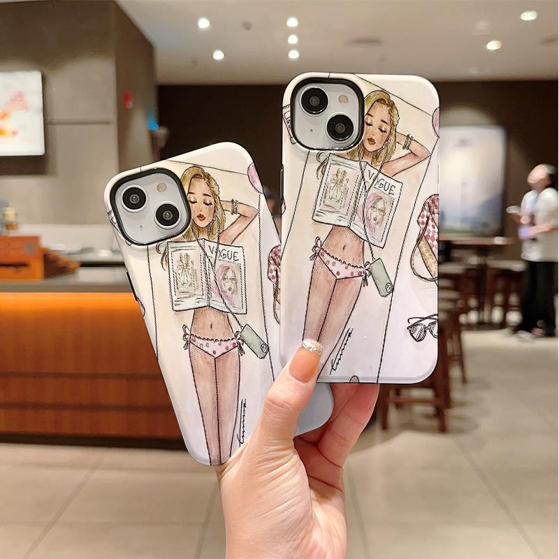 Fashion Y2K Sketch Summer Bikini Girl Vogue Magazine Print Soft Silicone Shockproof Phone Case Trendy Gift For iPhone 17 16 15 14 13 12 11 Pro MaxMini