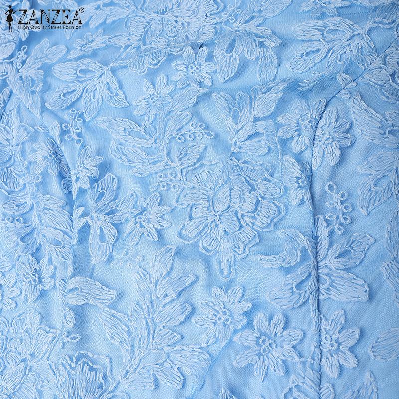 ZANZEA Women Casual Round Neck Ruffles Sleeve Summer Lace Blouse