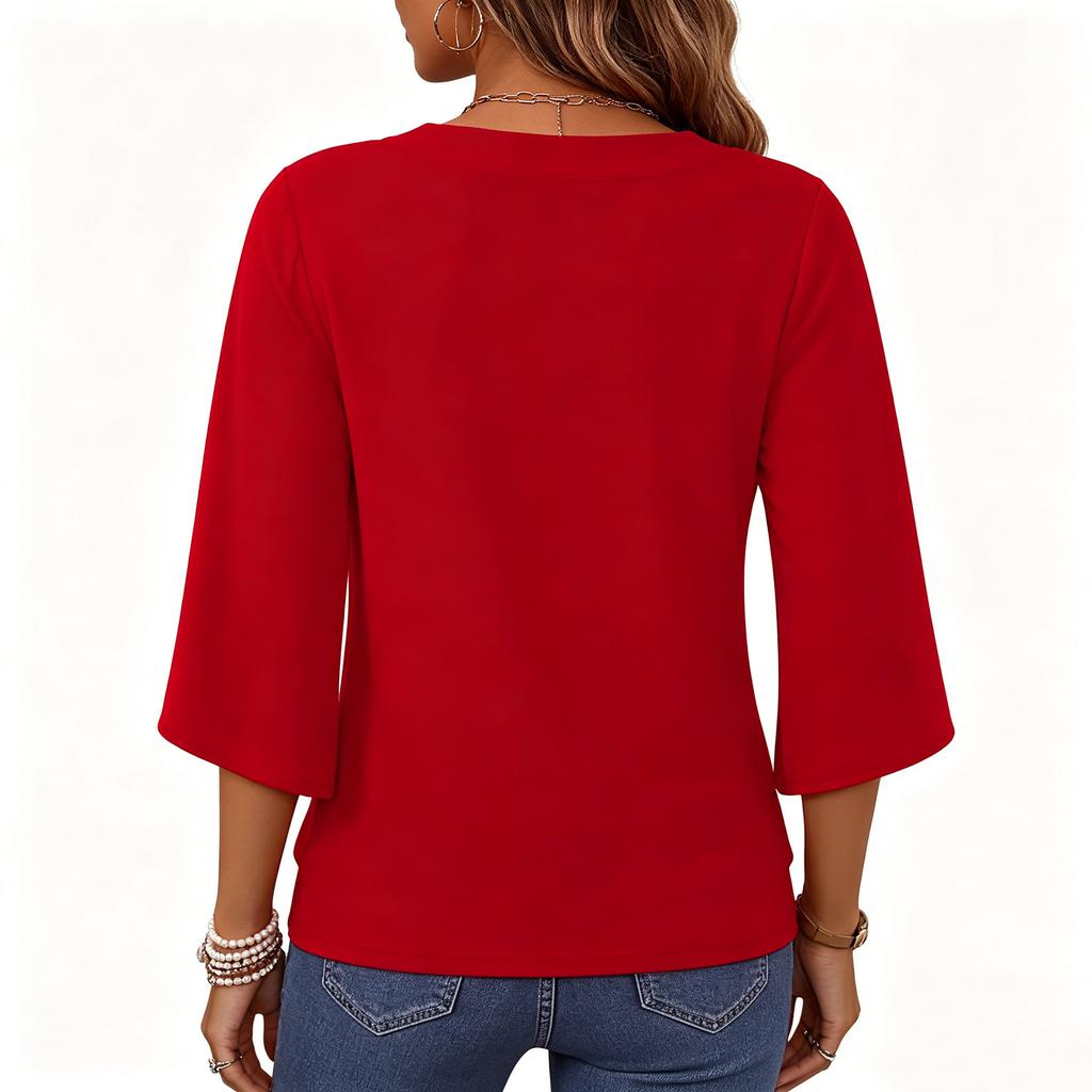 Women V Neck Loose Fit Pullover Top Three Quarter Sleeve Fashion Casual Blouse Lightweight Comfortable Fabric