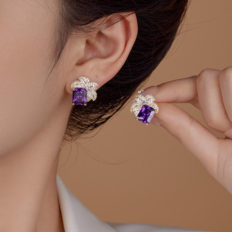 S925 Silver Needle Luxury Zircon Flower Earrings - Shimmering Square Studs for Women
