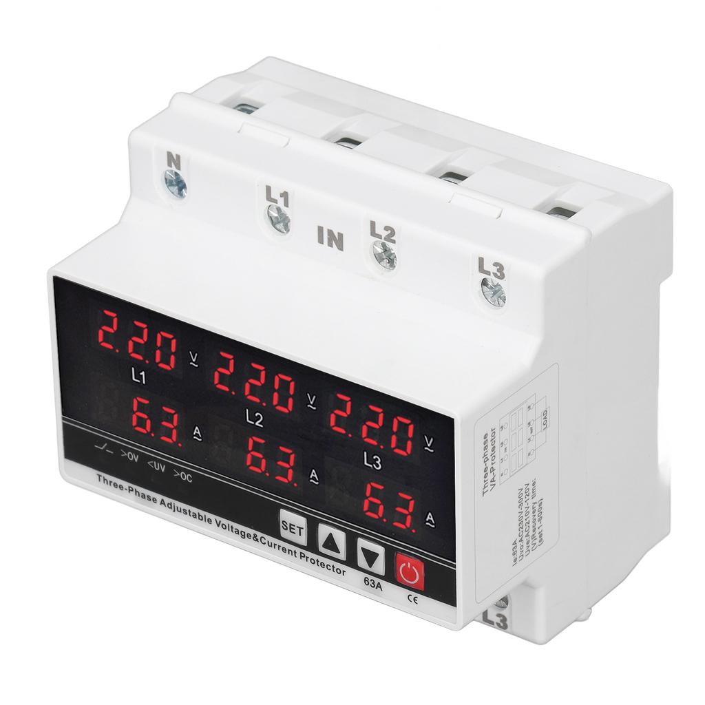 Undervoltage Protector DIN Rail Adjustable Overcurrent Protector AC120V‑300V 63A 3 Phase 3 Wire 4 Wi