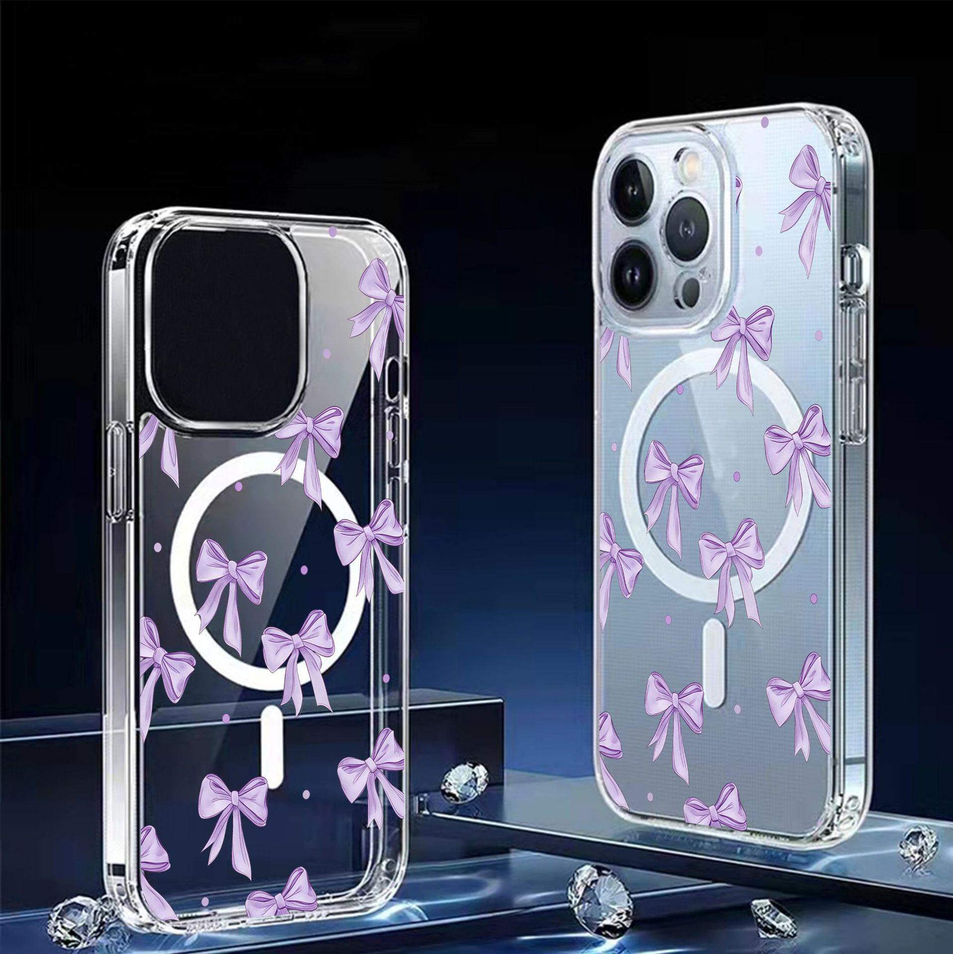 

Purple Bow Magnetic Clear Case for iPhone 14-17 Pro Max Galaxy S22 прозрачный