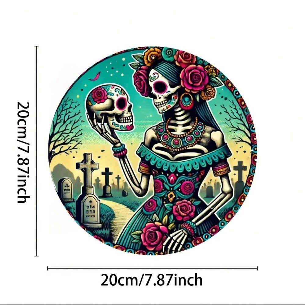 Sugar Skull Metal Wall Decor Round Sign Easy Hang Art Home Kitchen Garden Bedroom