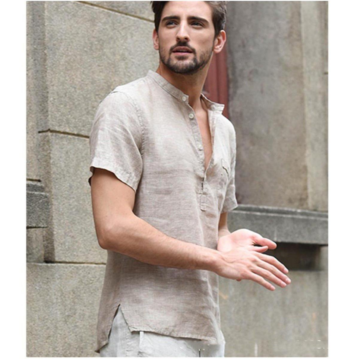 

Мужская летняя повседневная однотонная рубашка с карманом и коротким рукавом из тонкого джемпера XXXL хаки