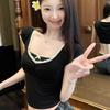 Lace Trim Bow Short-Sleeve Women's Summer Slim Fit Top