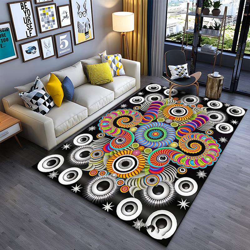 Colorful Spiral Pattern Black Carpet with Abstract Circular Design Suitable for use as an anti-slip for living room bedroom sofas 40x60cm( 15x23in )
