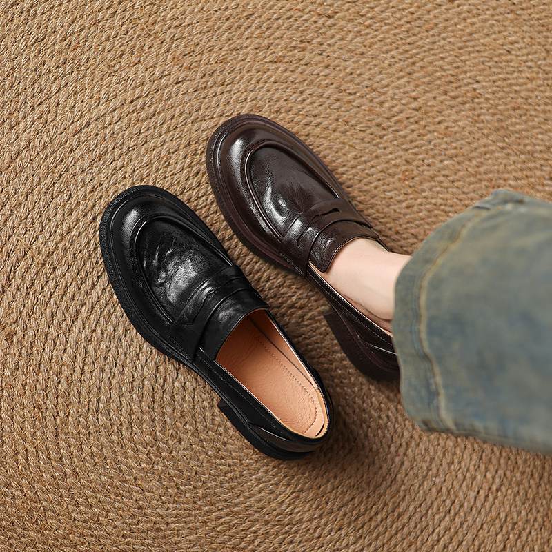 Krazing Pot Sheepskin Autumn Winter Shoes Slip on Chunky Heels Oxford Shoes Size 43 Round Toe Deep Mouth Waterproof Pumps