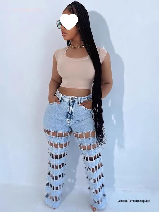 European & American Women's High-Waisted Ripped Jeans - New Street Fashion Hollow Straight-Leg Pants