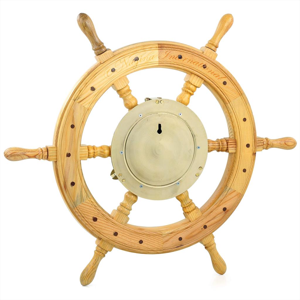 Nagina International 24" Nautical Premium Hand Crafted Pine Wood Ship Wheel with Time & Tide Clock - Ocean Beach Home Decor Gift 32-5FRM-EK2R