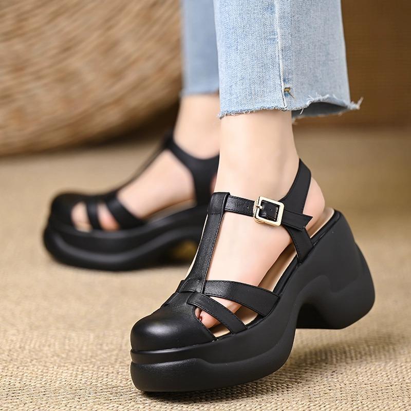 8CM retro style bag head thick-soled thick-heeled sandals women's 2025 summer new versatile skirt shallow high heels