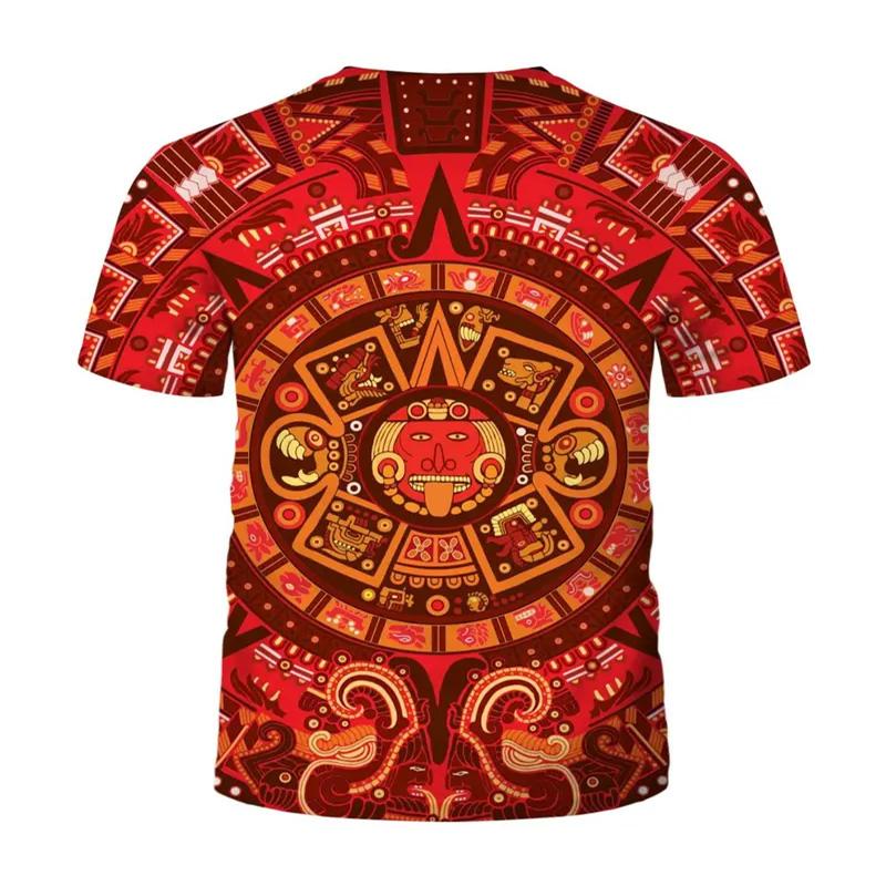 Herr T-shirt med livfullt mönster från Mayakulturen, kortärmad med rund hals och bekvämt tyg av polyesterfiber, lämplig för sommarens vardagsbruk