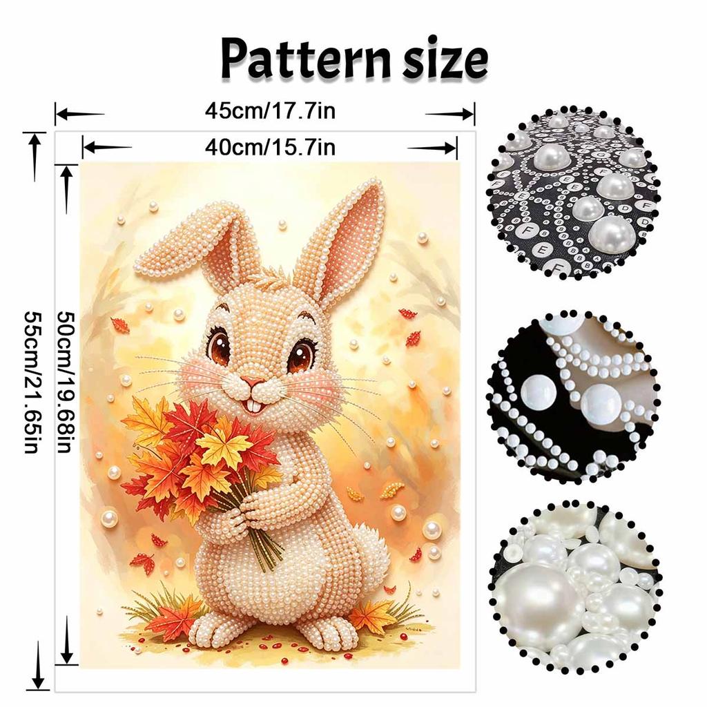 5D Pearl Painting Kit Framed with Cute Autumn Bunny Design Sparkling Bead Art Canvas DIY Relaxing Craft for Home Wall Decor Gift Set