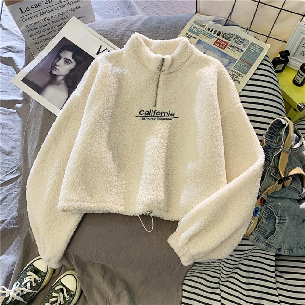 Autumn Winter Warm Cashmere Sweatshirt Women's Fashion Plush Loose Letter Korean Short Jacket Sweatshirt