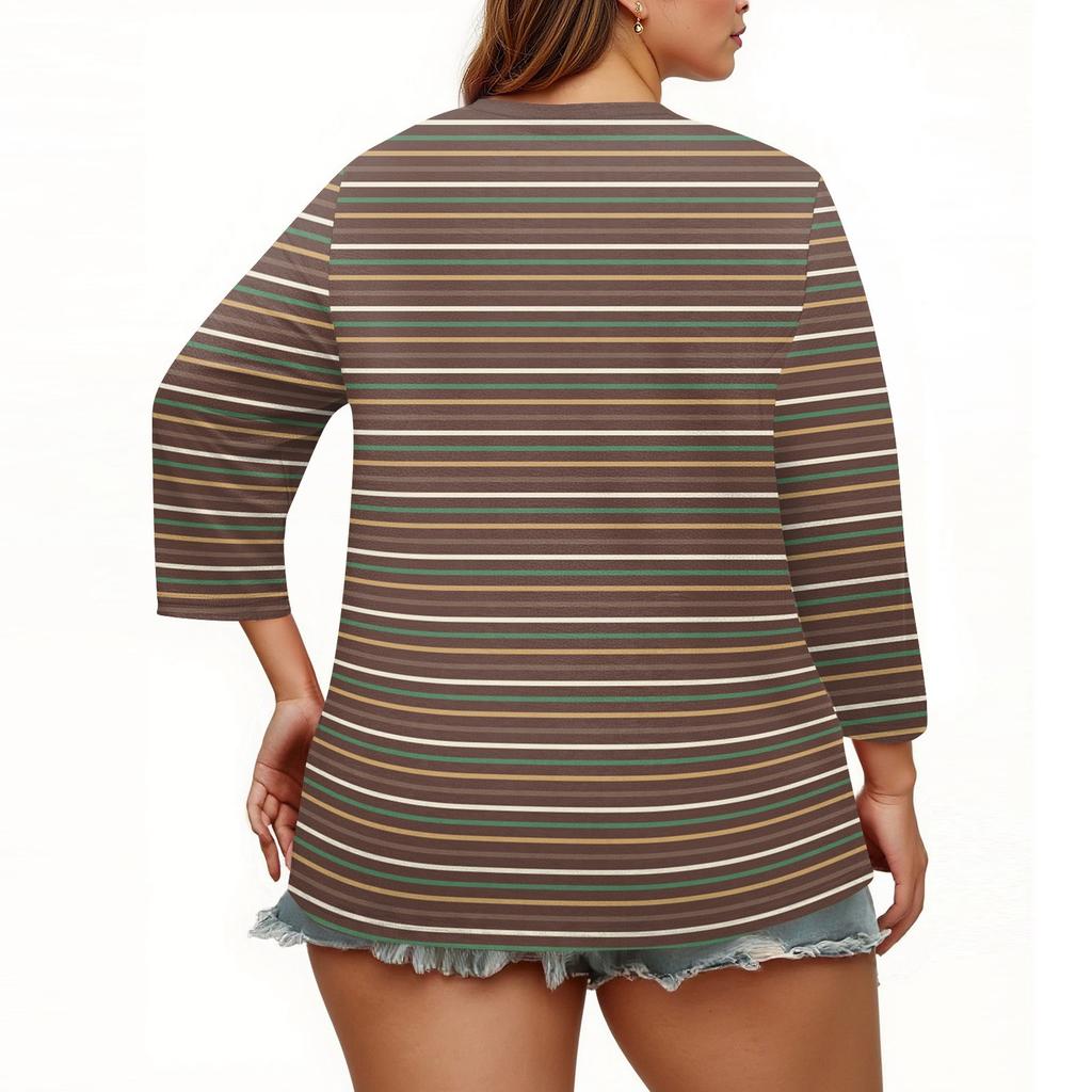 Damen 3/4 Ärmel Tops Übergröße Button-Down V-Ausschnitt Hemden Blusen Lässig Druck Locker