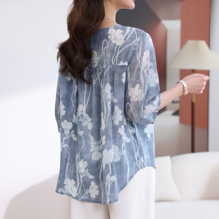 Summer new silk top women's elegant shirt printed breathable gentle mulberry silk niche design shirt