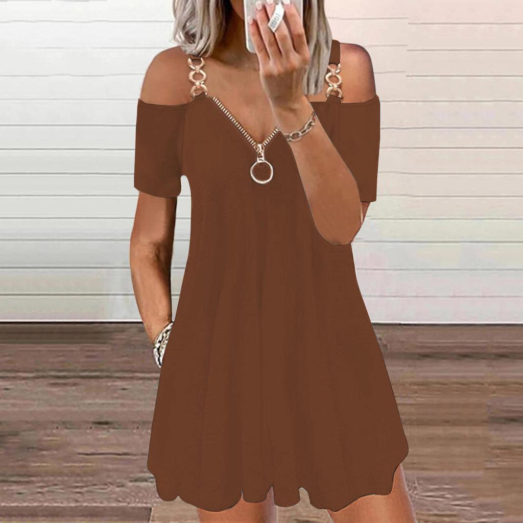 Women's Fashion Zipper V-Neck Off-the-Shoulder Suspender Dress