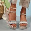 Fashion Fashion Pearl Striped Wedge Sandals for Women Summer Comfort Thick Sole Beach Shoes Woman Ankle Strap Chunky Platform Sandalias