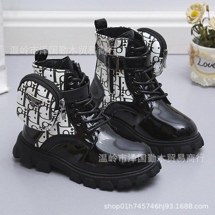Boys And Girls Side Zipper Round Head Pocket Bag Fashion Boots Flat Bottom Short Casual Martin Boots Parent-Child