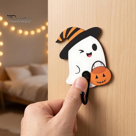 Small Bag Hanger for Bathroom Halloween Themed Wall Hook, Decorative Ghost Pattern Key Hanger, Self Easy Install Adhesive Hook Backing Wood