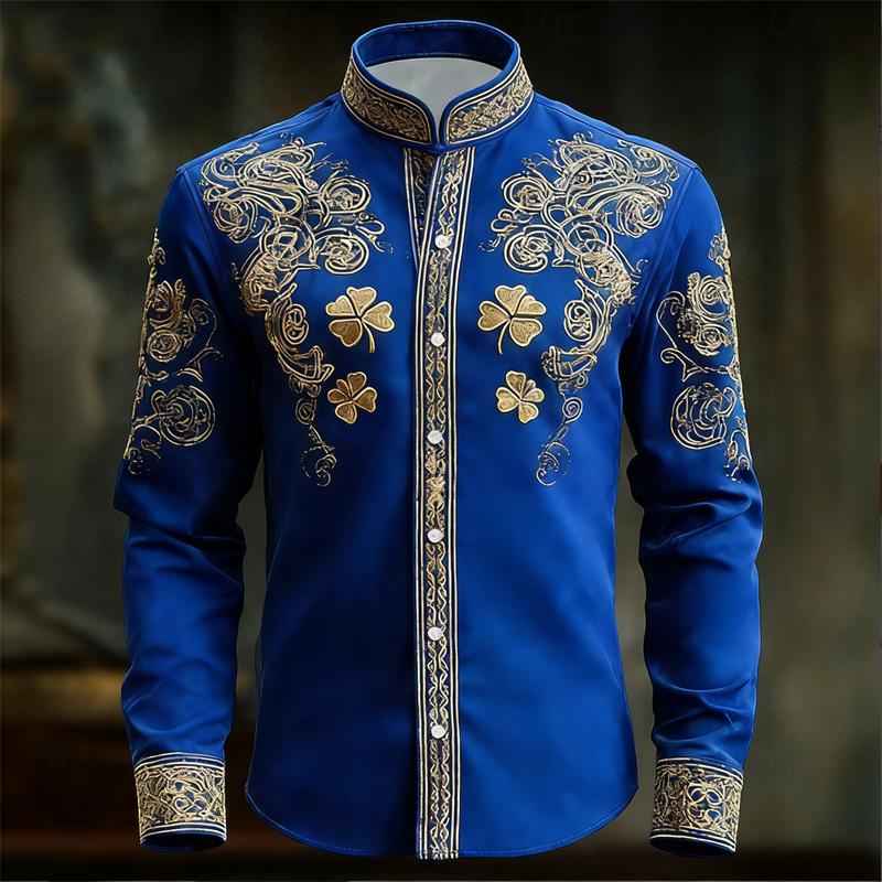 Camicia da Uomo Floreale a Maniche Lunghe con Stampa Trifoglio 3D Dorato Camicia a Maniche Lunghe alla Moda e Lussuosa