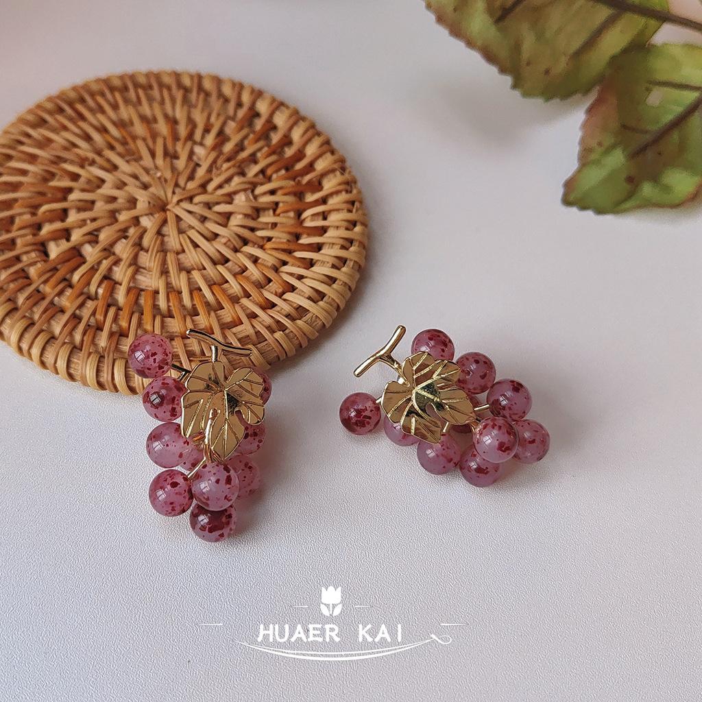 Grape bunch earrings ~ 925 silver needle plating 14K niche design hand-made summer temperament sweet earrings ins jewelry