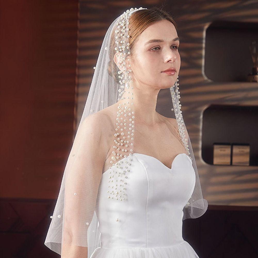 130cm Pearls Tulle Bridal Veil Vintage Waist Length Drop Veil Long Wedding Veil  Wedding Dress