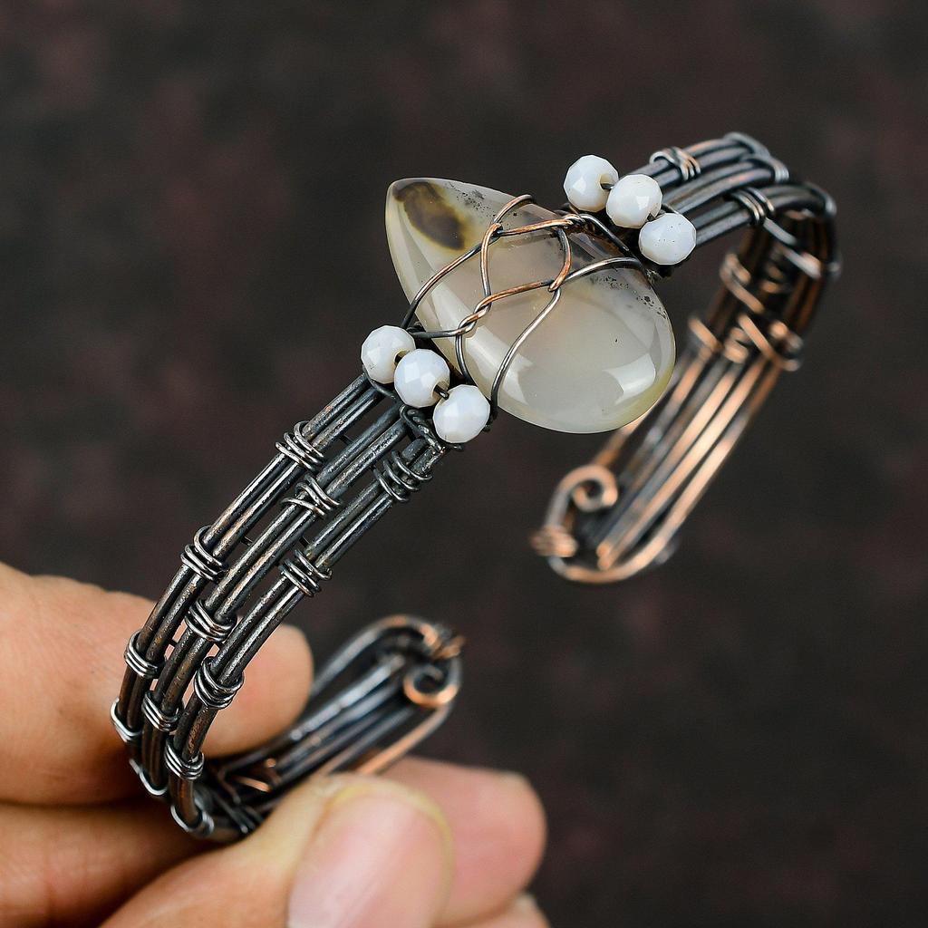 Montana Agate Cuff Blue Lace Agate Beads Bangle Copper Wire Wrapped Jewelry Adjustable Cuff Bracelet Handmade Gemstone Cuff Copper Jewelry