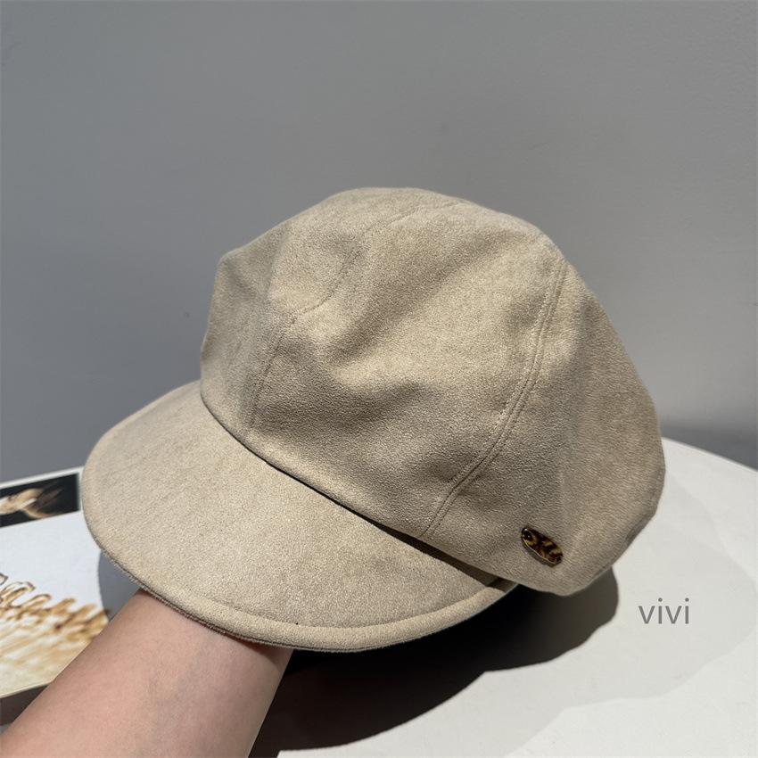 Autumn and winter simple coffee color big head circumference octagonal hat women's autumn and winter retro versatile suede fashion painter hat