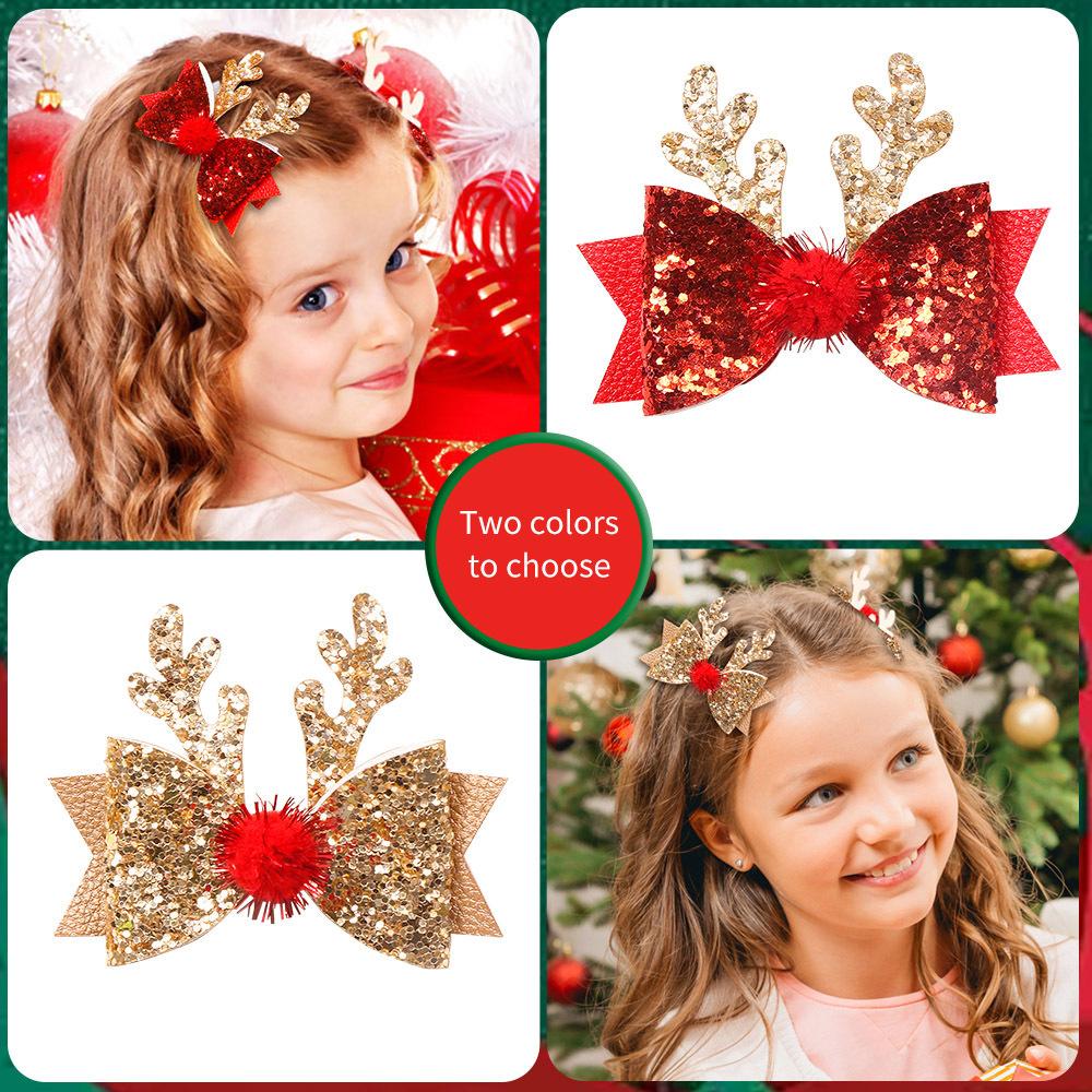 1/2/4PCS Girls Sequins Bowknot Hairpin Christmas Party Child Antler Hair Clip Kids Bling Hairpin Hairs Accessories Birthday Gift