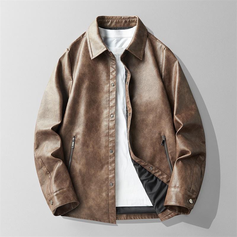 Retro old locomotive leather jacket men's short spring and autumn American casual flying pu jacket deerskin velvet jacket