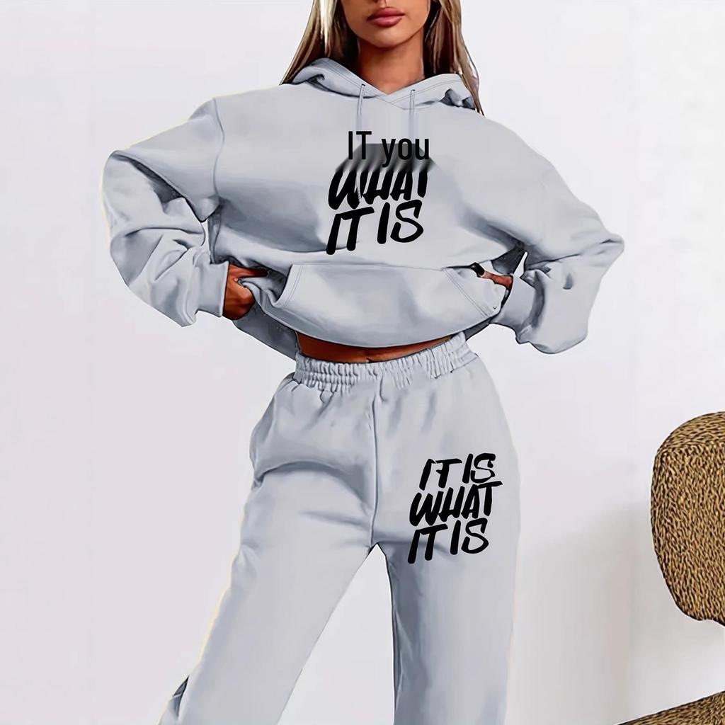 SHEIN Women's Letter Print Hooded Sweatshirt Set - Autumn Long-Sleeve