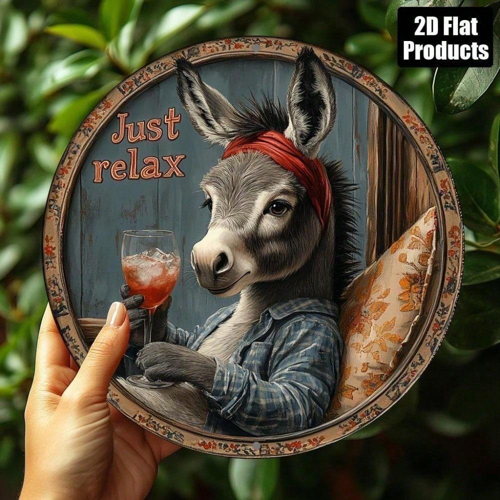 Retro Donkey Drinking Water Metal Sign Round Wall Art For Bar Kitchen Cafe Office Home Decor