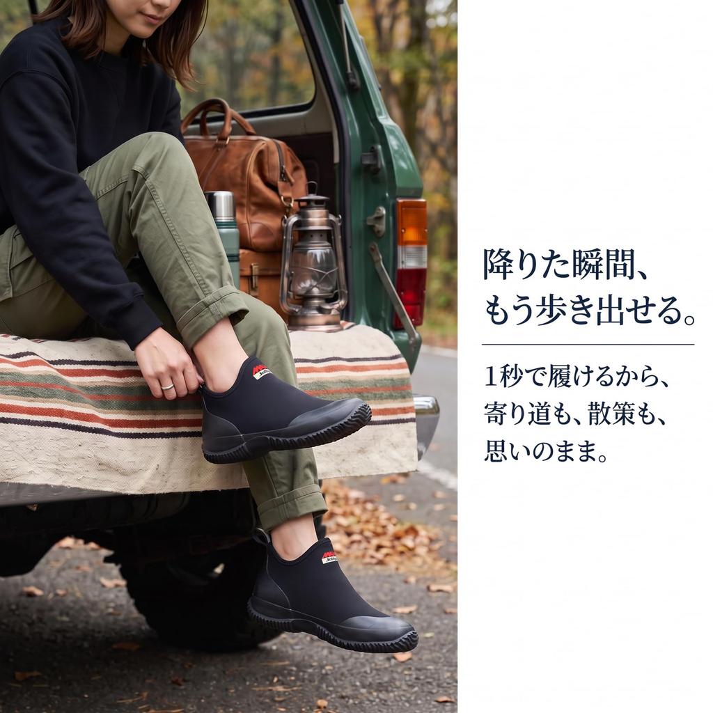 [Jollywalk] Sneaker-like Rain Boots, Short, Waterproof, Lightweight, Non-slip, Neoprene, Easy to Put On and Take Off, Unisex, Sizes 23-28cm
