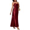 Light luxury burgundy satin suspender dress, waist pleated slim fishtail, banquet party night