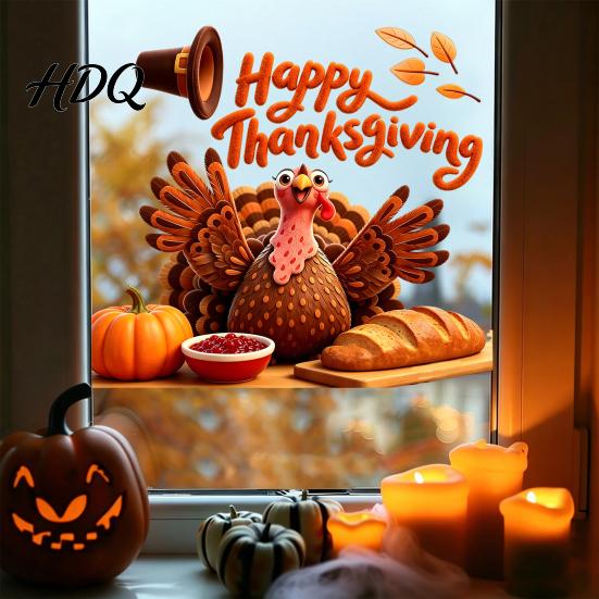 Harvest Festival Window Art Autumn Thanksgiving Turkey Static Sticker Decorative Removable PVC Decals Easy Apply Paster Theme Wall Clings for Indoor