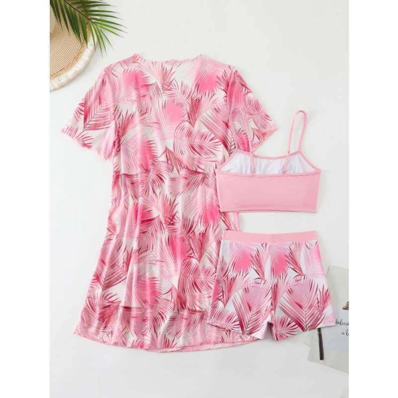 Holiday Swimsuit Tropical Palm Leaf Printed Pink Elastic Flat Leg 3-Piece Swimsuit Strap Comfortable Casual Swimsuit, Short Slee