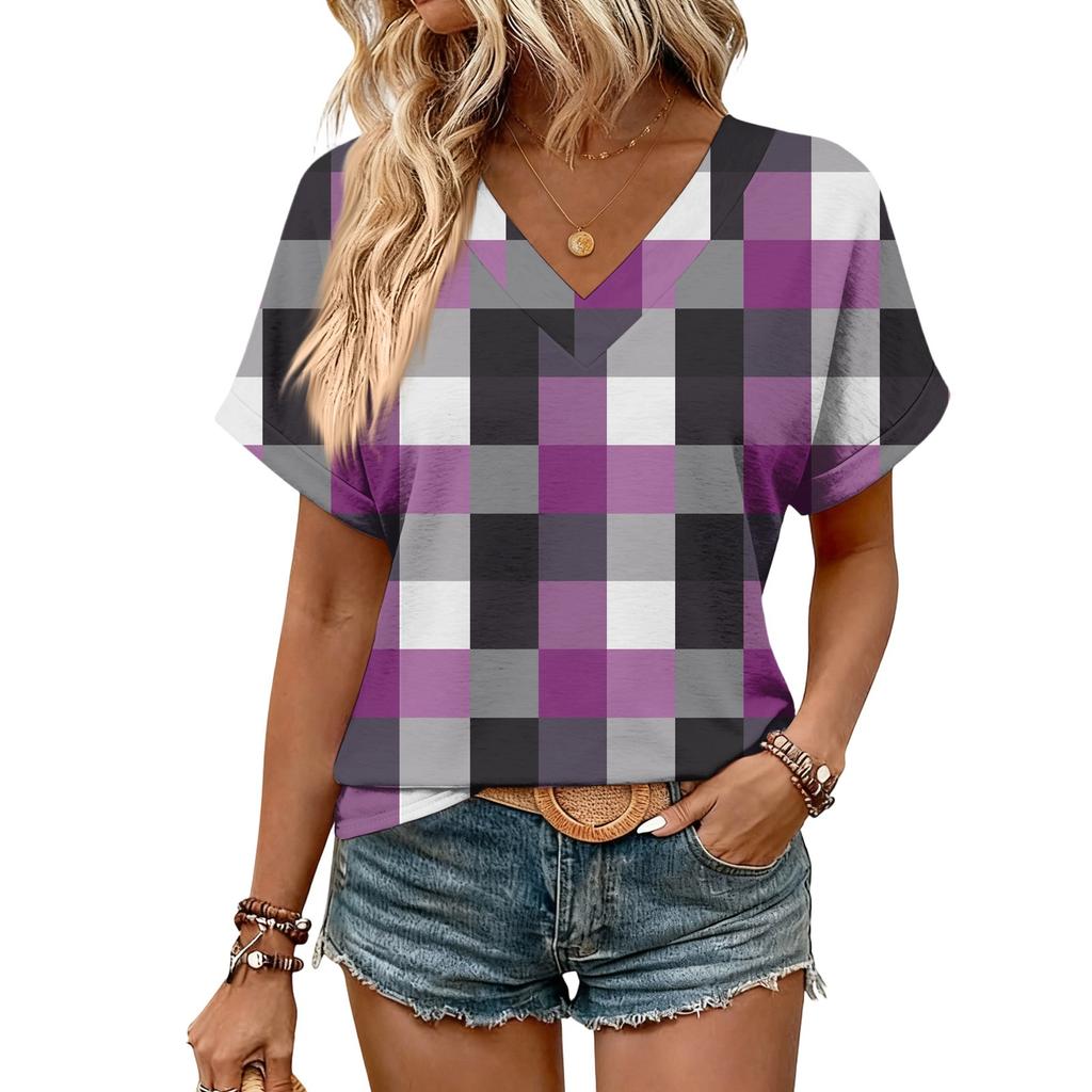 Damen Sommer Oberteile Kurzarm V-Ausschnitt Hemden Lässig Elegant Sommer Blusen Tunika Top