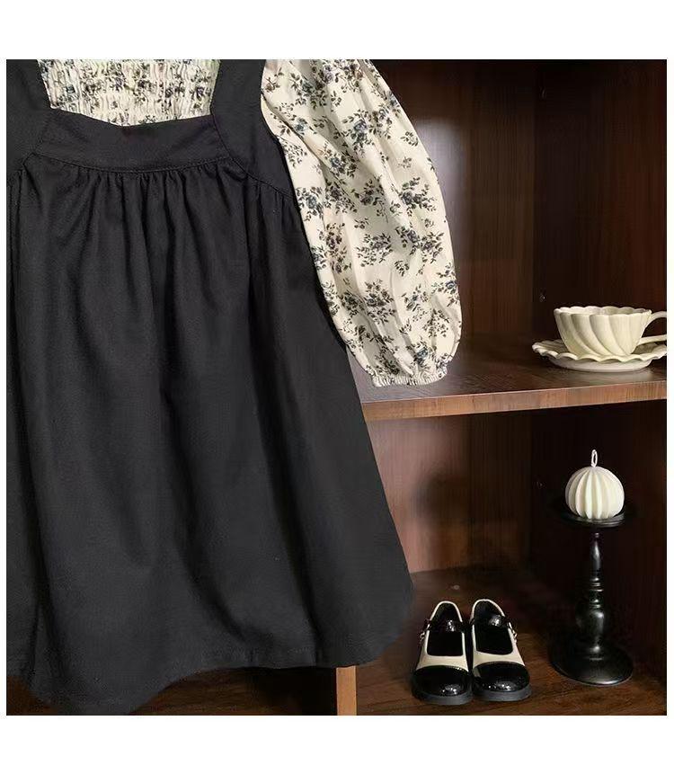 2024 Autumn Korean Mori Style Girls' Floral Shirt & Suspender Skirt Set