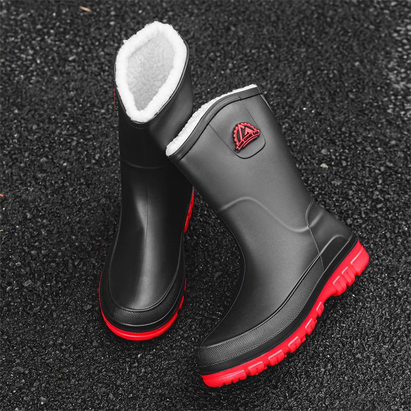 Fashion Men Rain Boots Outdoor Waterproof Rubber Boots Mid-calf Rubber Galoshes Winter Plush Warm Rain Boots Non Slip Men Fishing Shoes