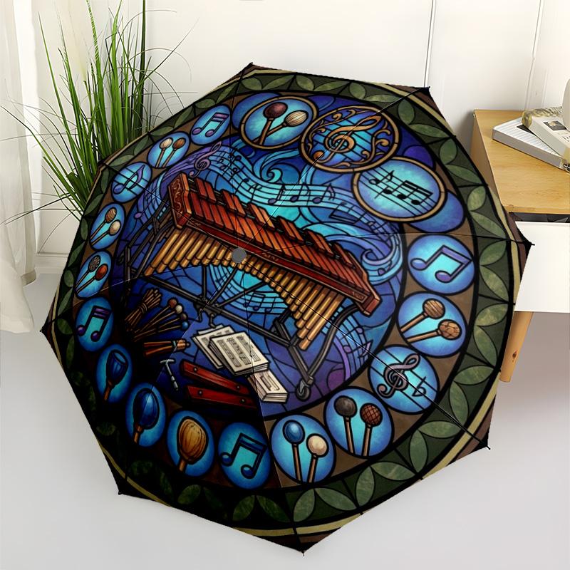 Musical Harmony Glass Pattern Umbrella, Portable and Foldable Design, 8 Ribs, a Casual Accessory for Halloween, Christmas, and Birthday Gifts.